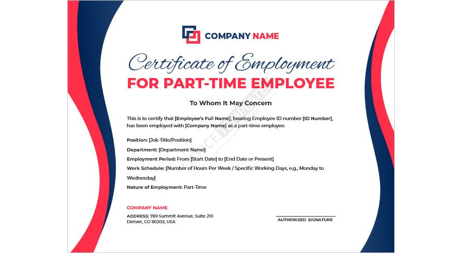 Certificate of Employment for Part-Time Employee