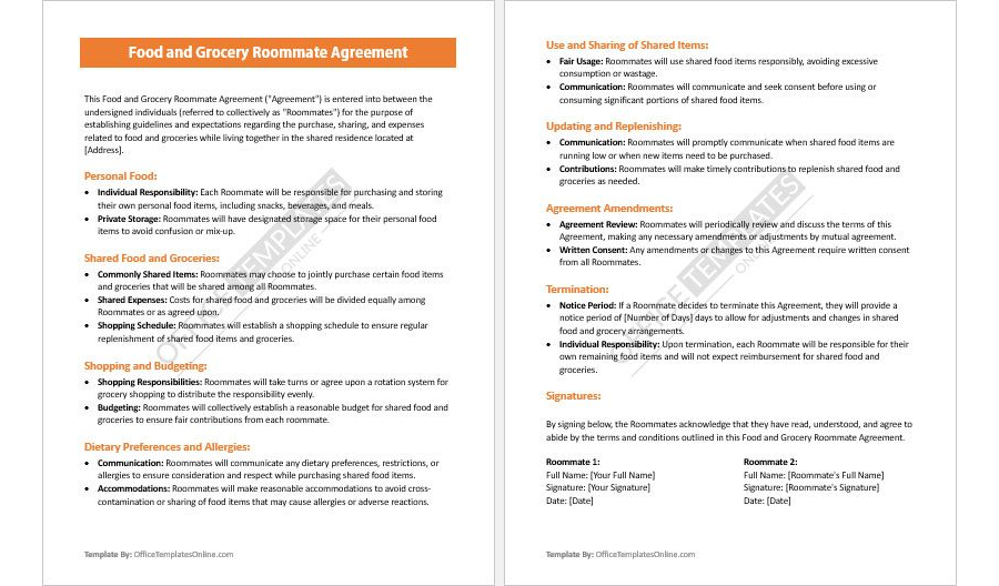 Food and Grocery Roommate Agreement Template