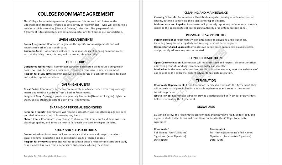 College Roommate Agreement Template in MS Word Format