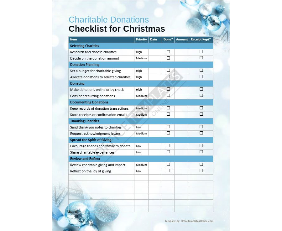 Charitable Donations Checklist for Christmas Formatted in MS Word