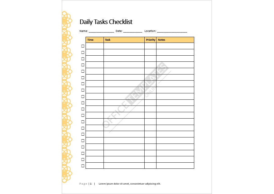Daily Tasks To-do / Checklist Template in MS Word Format