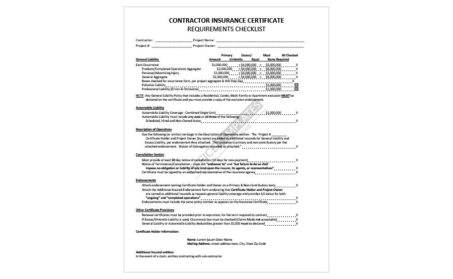 Download Contractor Insurance Certificate Requirements Checklist Template