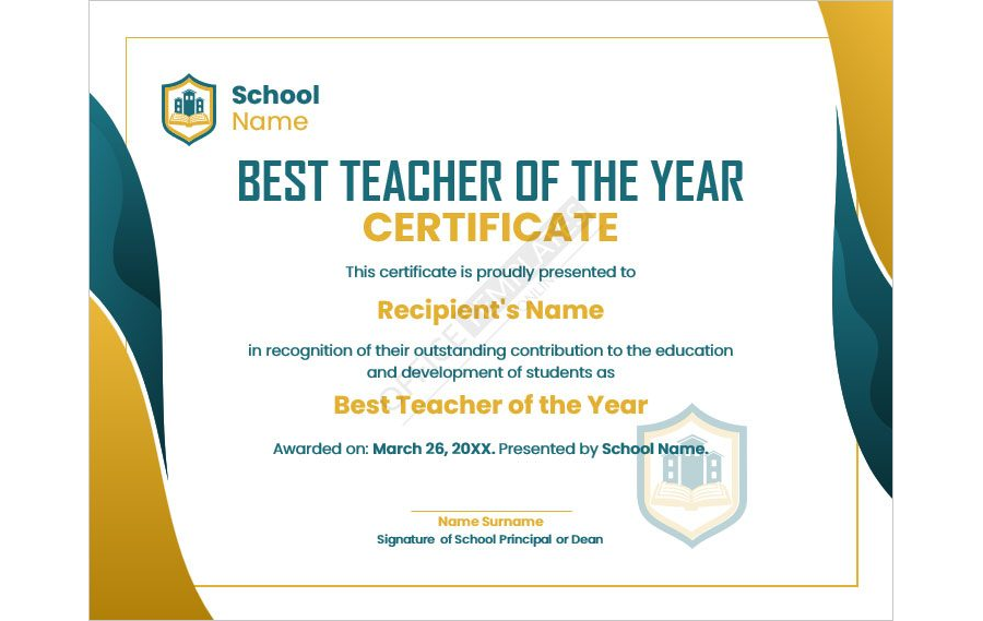 Best Teacher of the Year Certificate Template