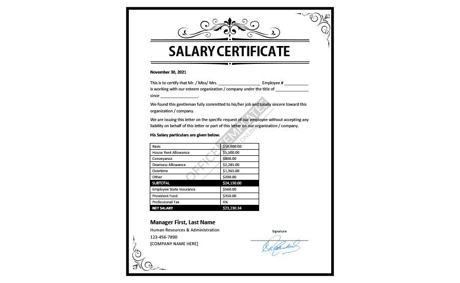 Download Employee Salary Certificate with Amounts Breakup for Microsoft Word
