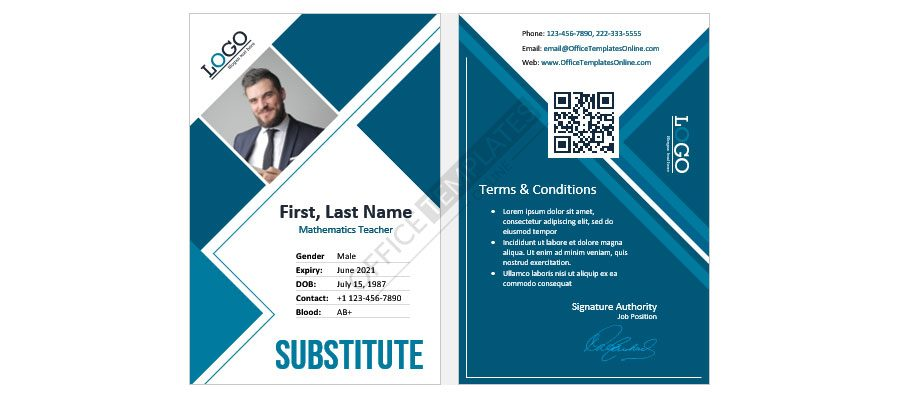 Download MS Word Sample Substitute Teacher ID Card Design