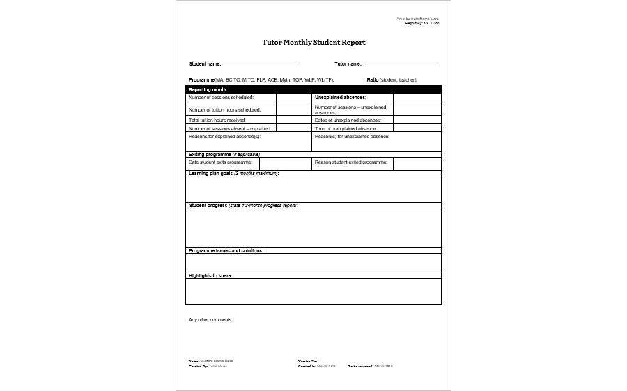 Tutor Monthly Student Report