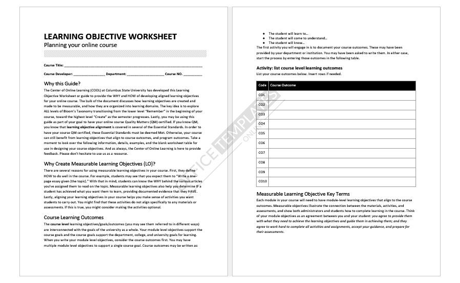 Learning Objective Worksheet