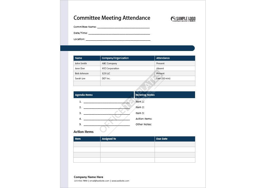 Committee Meeting Attendance Sheet format in MS Word