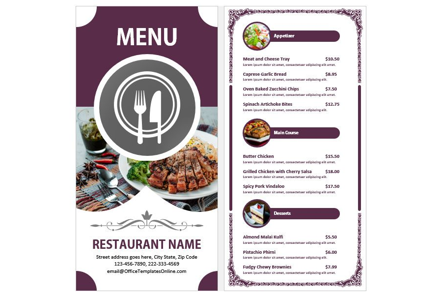 Download DL Size, Rack Card Style Menu Template for MS Word