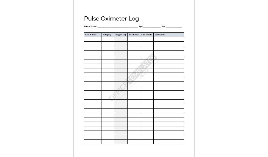 Pulse Oximeter Log Template in MS Word