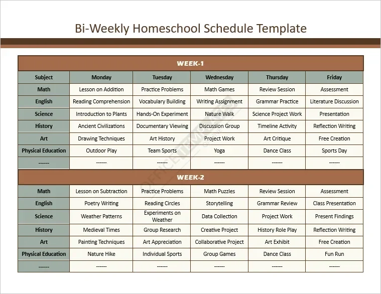Bi-Weekly Homeschool Schedule