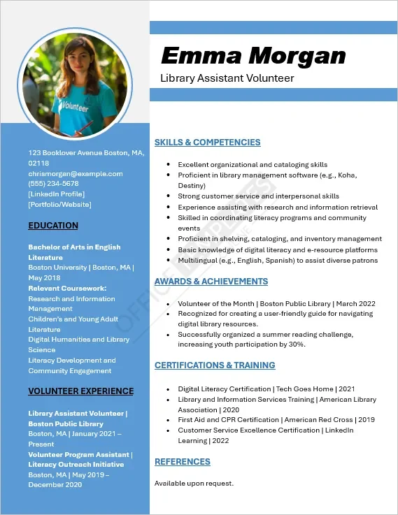 Library Assistant Volunteer Resume Template
