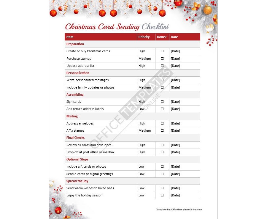 Christmas Card Sending Checklist Template for MS Word