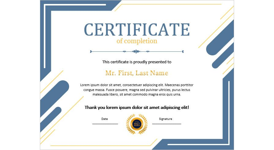 Project Completion Certificate Template for MS Word