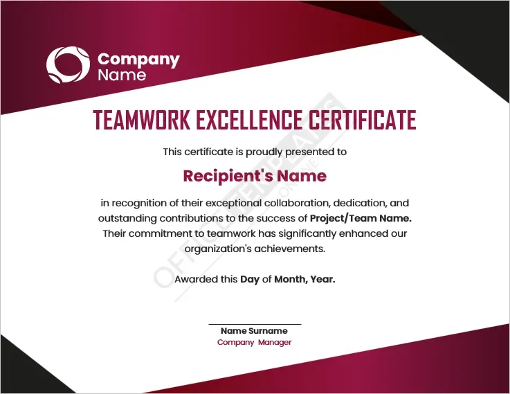 Teamwork Excellence Certificate Template