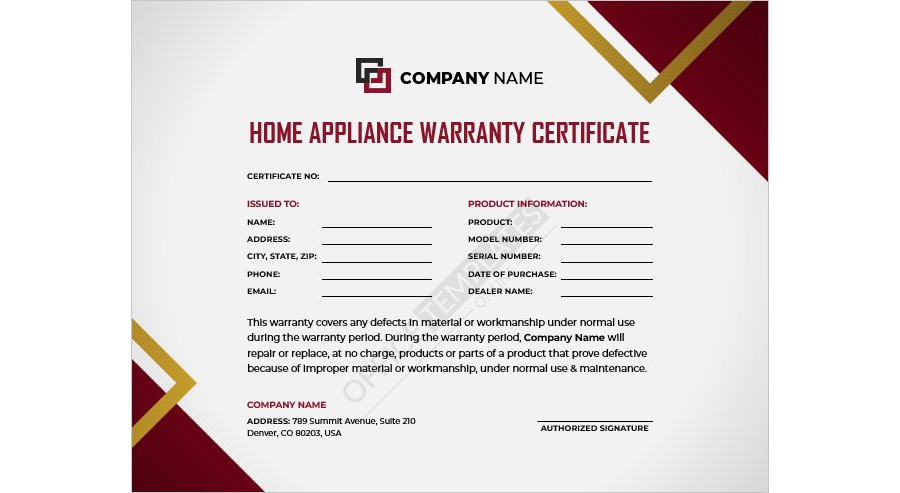 Home Appliance Warranty Certificate Template