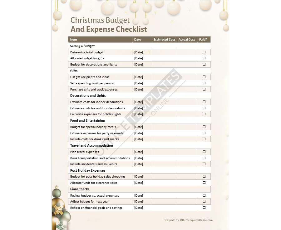 Christmas Budget and Expense Checklist Template for MS Word