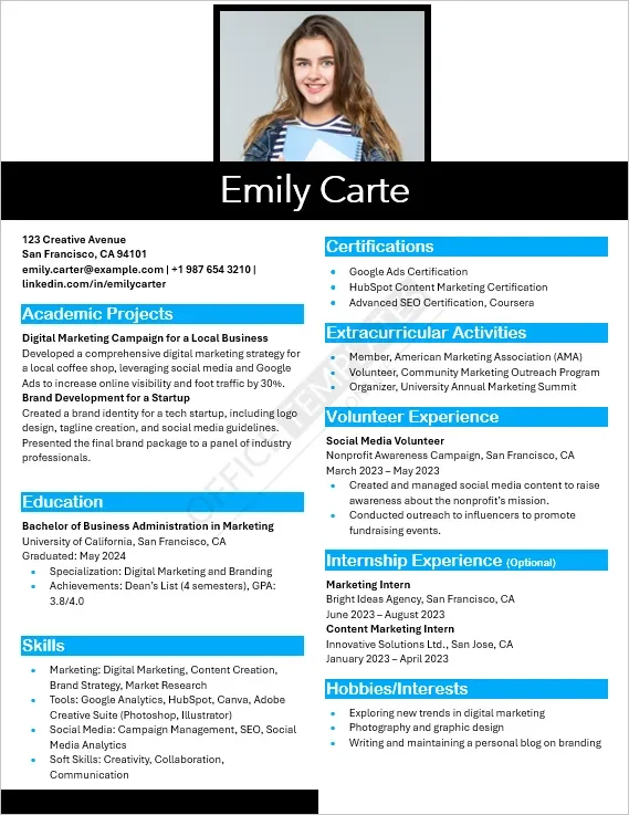 Marketing Fresher Resume Template