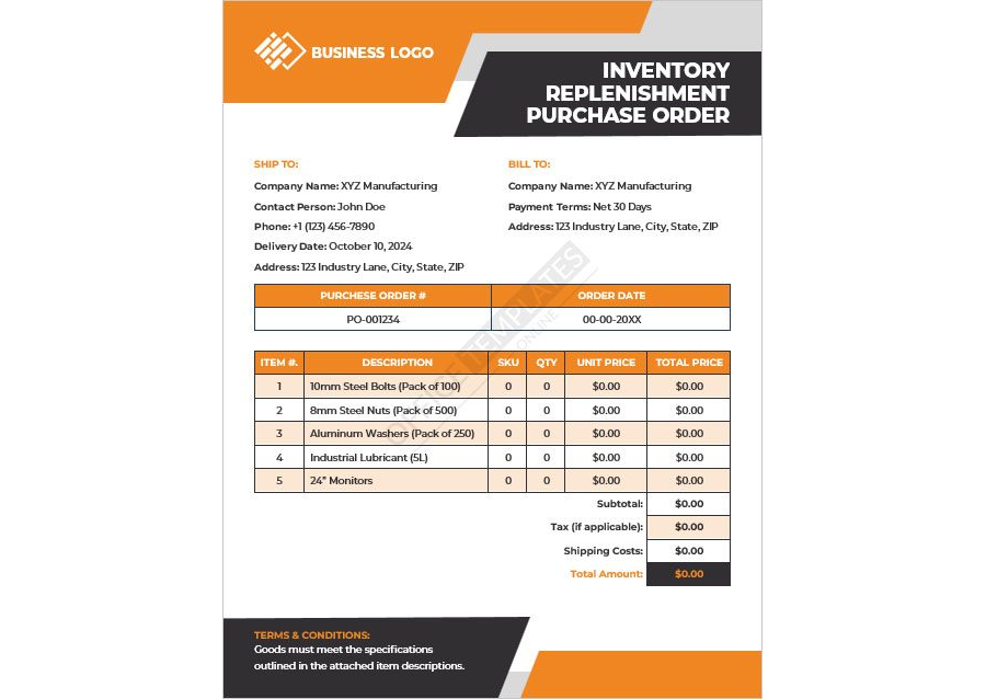 Inventory Replenishment Purchase Order Template