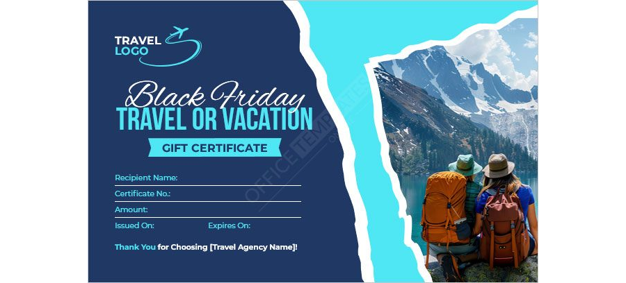 Black Friday Travel or Vacation Gift Certificate Template