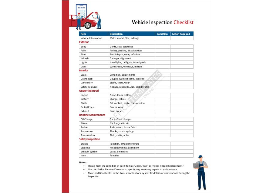 Vehicle Inspection Checklist Template