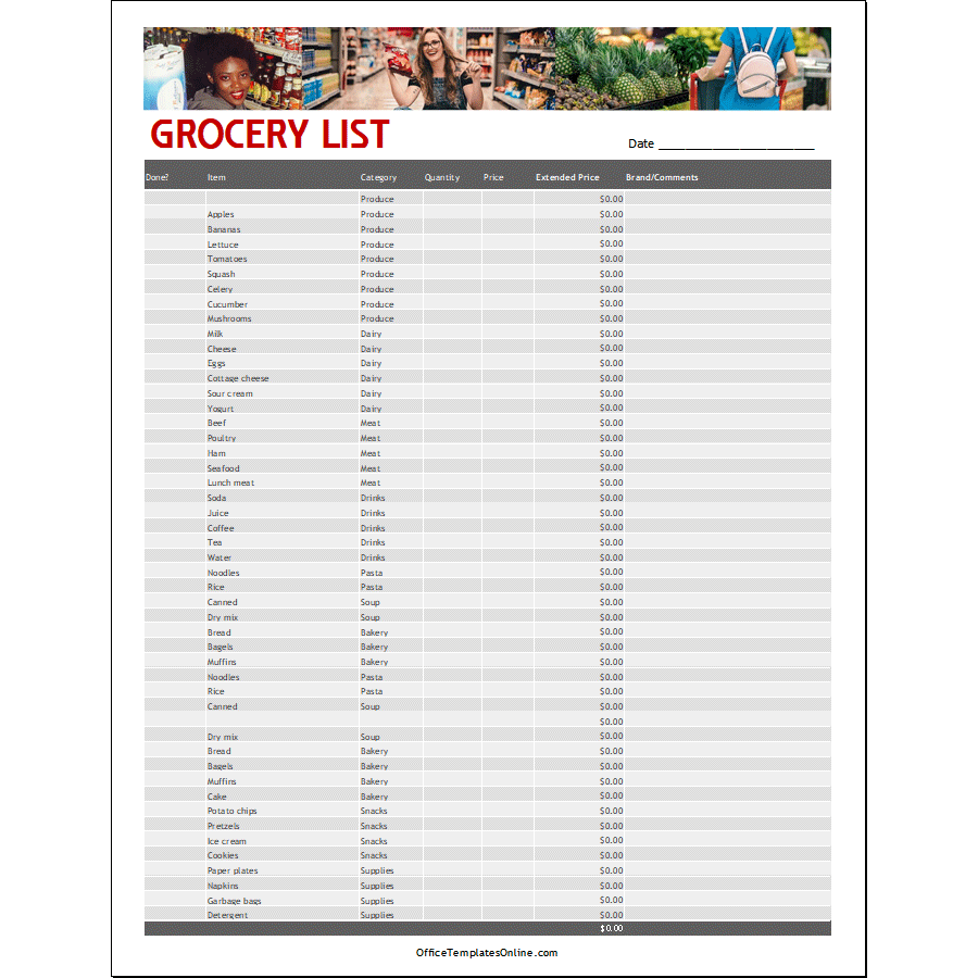 Grocery List Template in MS Excel