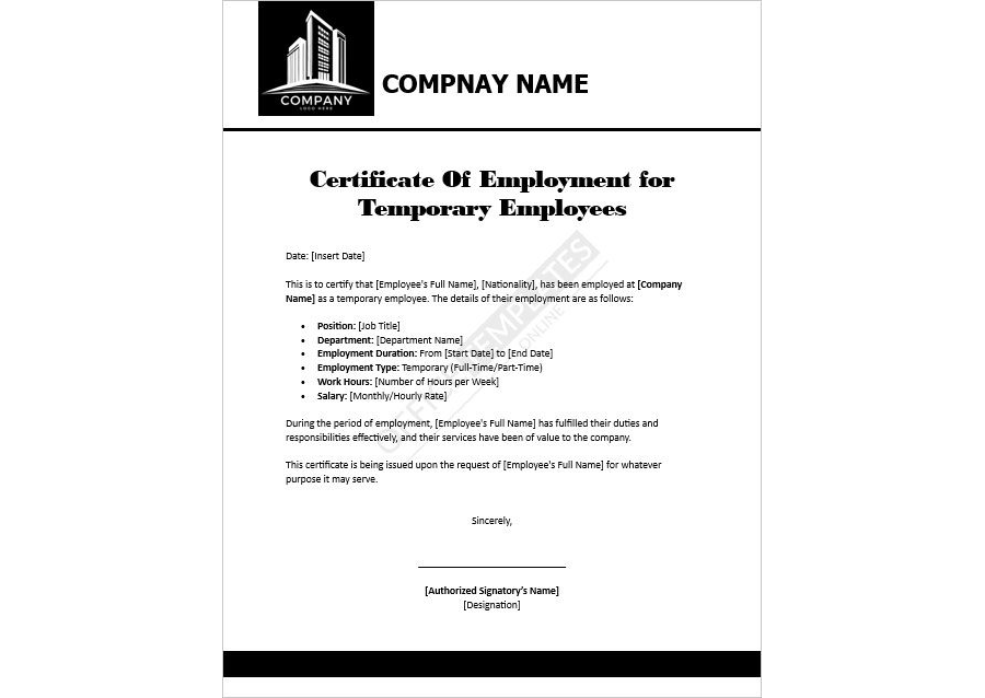 Certificate of Employment Format for Temporary Employees