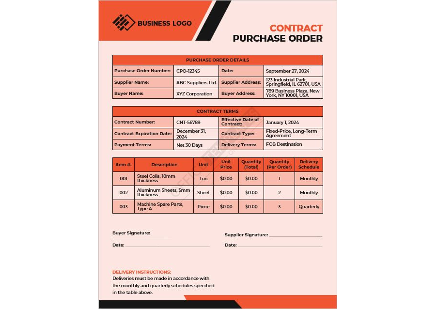 Contract Purchase Order Template