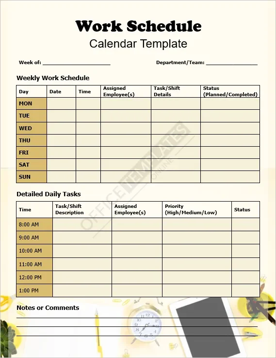 Work Schedule Calendar Template