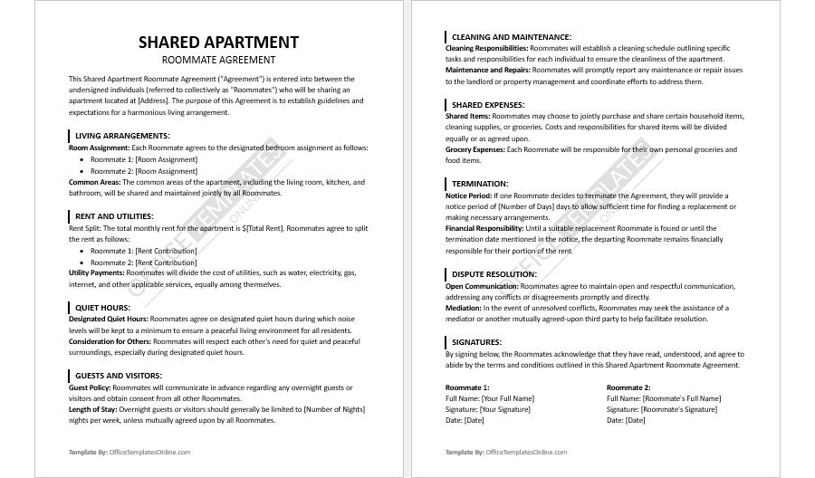 Shared Apartment Roommate Agreement Template