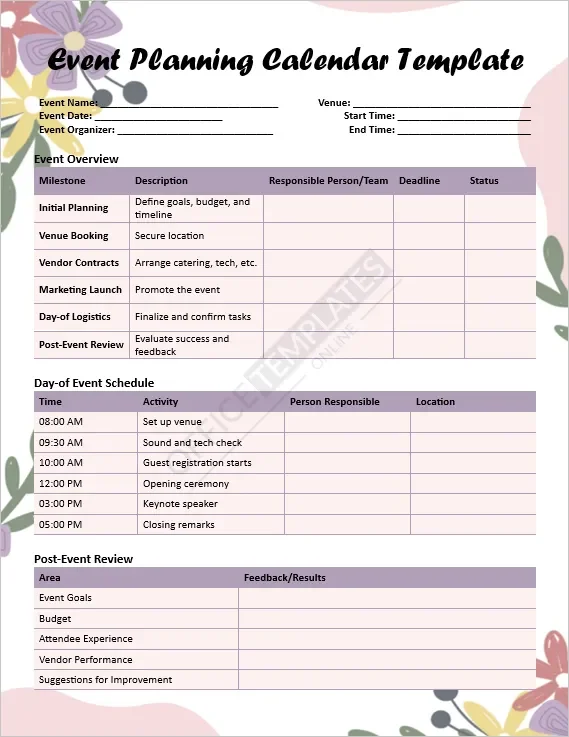 Event Planning Calendar Template