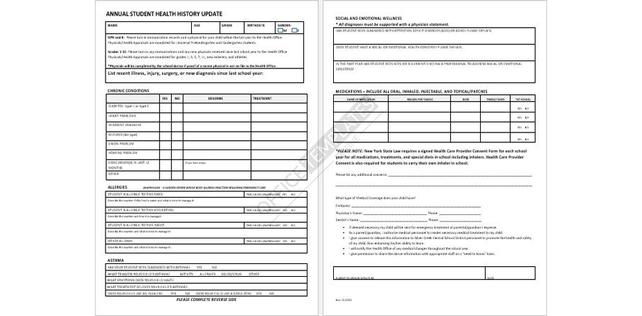 Student Health History Form Template in MS Word Format