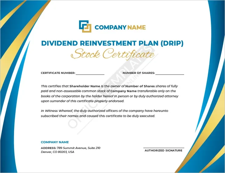 Dividend Reinvestment Plan (DRIP) Stock Certificate Template