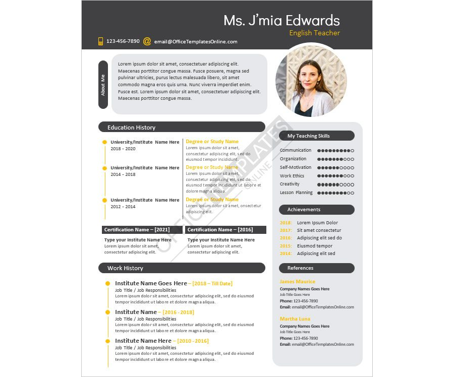 Resume Template for English Teacher in MS Word