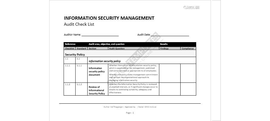 Security Management Audit Checklist Template in MS Word