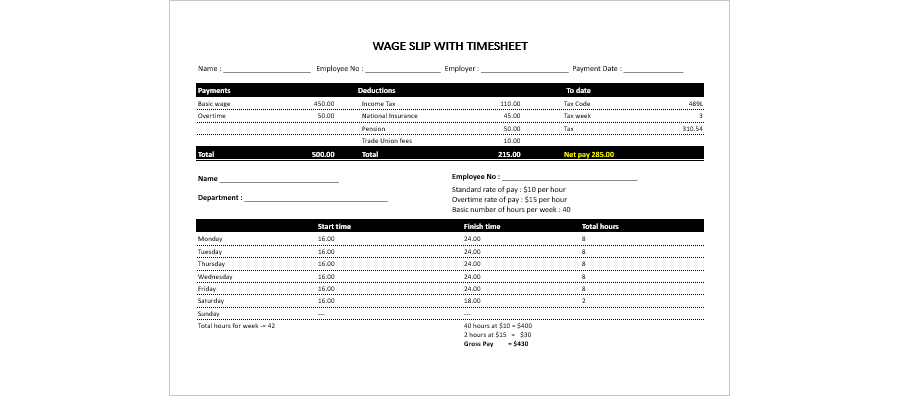 Salary/Wage Slip with Timesheet