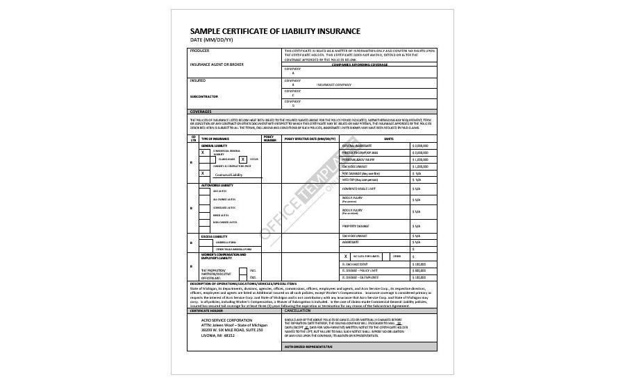Download Sample Certificate of Liability Insurance Form in MS Word