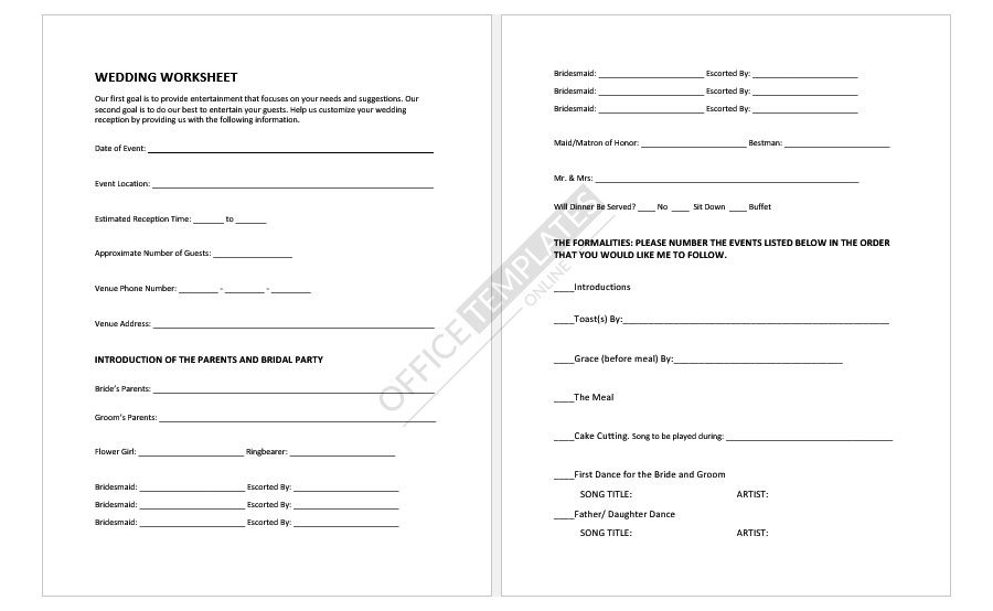 DJ Wedding Worksheet
