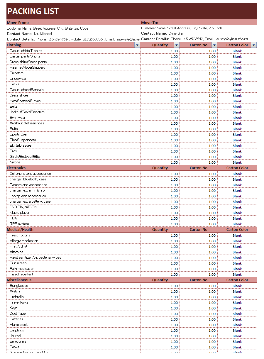 Download Packing List Template for MS Excel