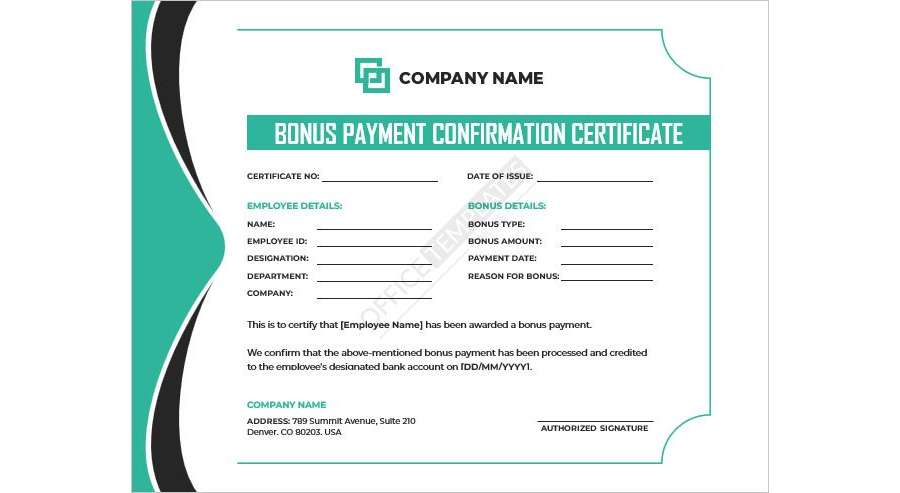 Bonus Payment Confirmation Certificate Template