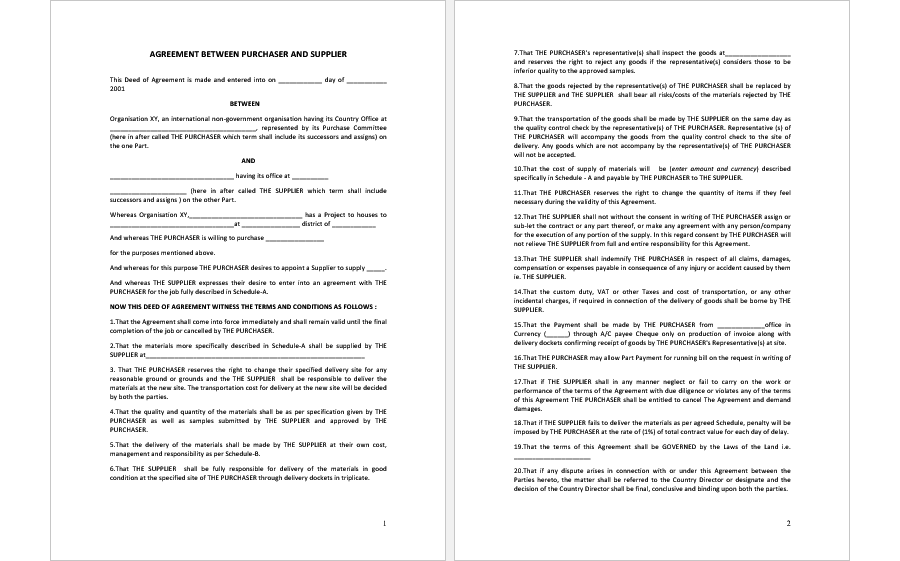 Payment agreement template between purchaser and supplier