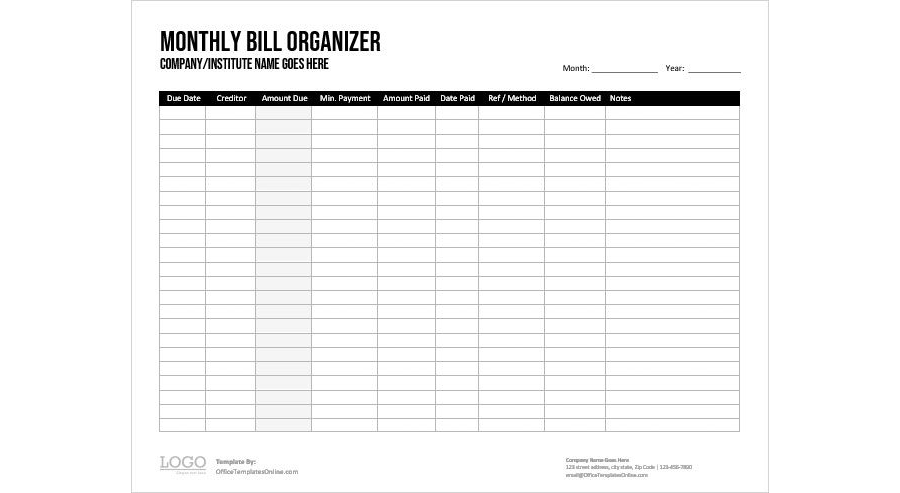 Download Monthly Bill Organizer Template - MS Word