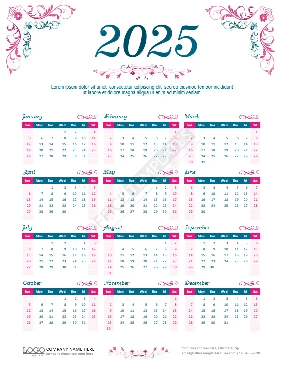 Download Year Calendar Template in Beautiful Floral Design for MS Word