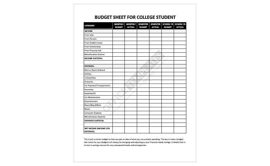 Budget Worksheet for College Student