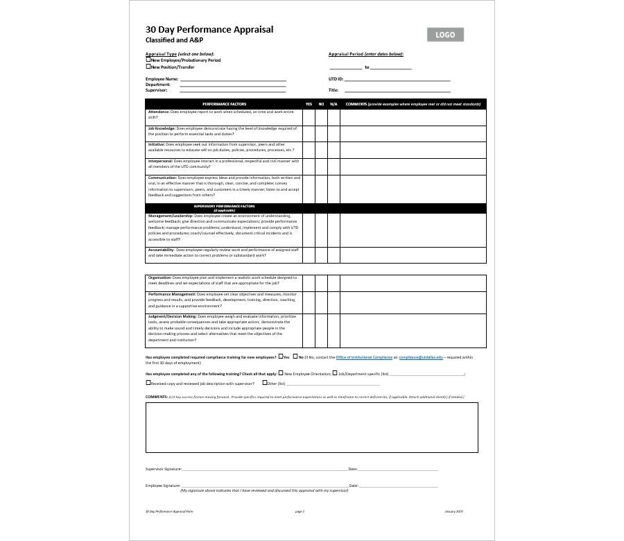 30 Days Performance Appraisal Form