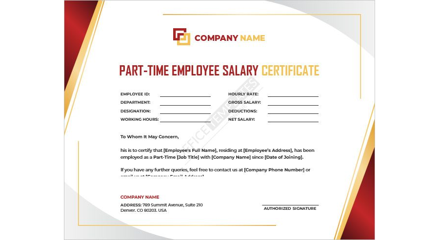 Part-Time Employee Salary Certificate Template