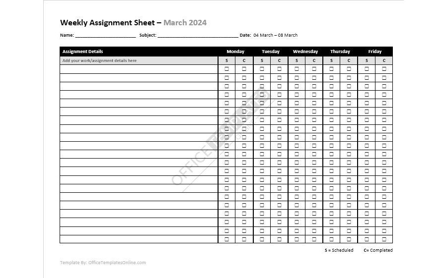 Download Weekly Assignment Tracking Calendar Template for MS Word