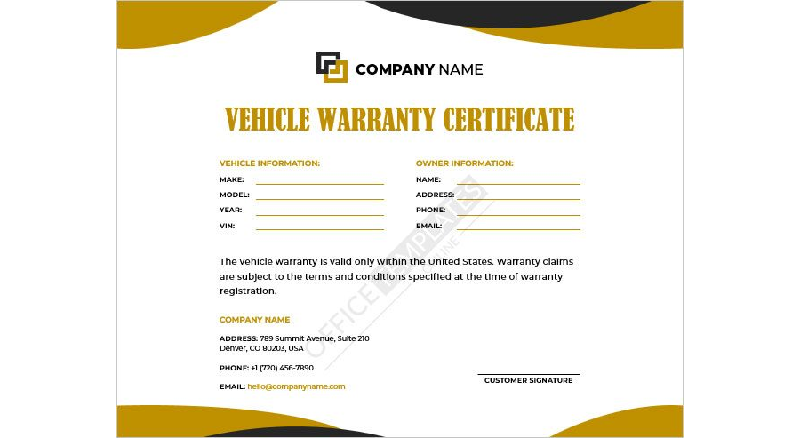 Vehicle Warranty Certificate Template