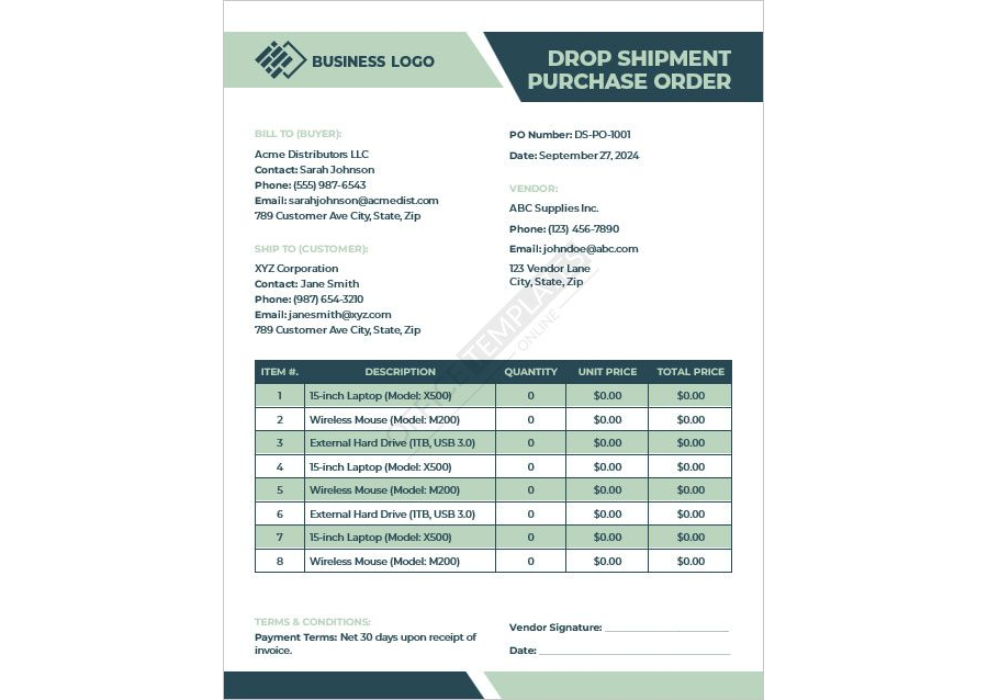 Drop Shipment Purchase Order Template