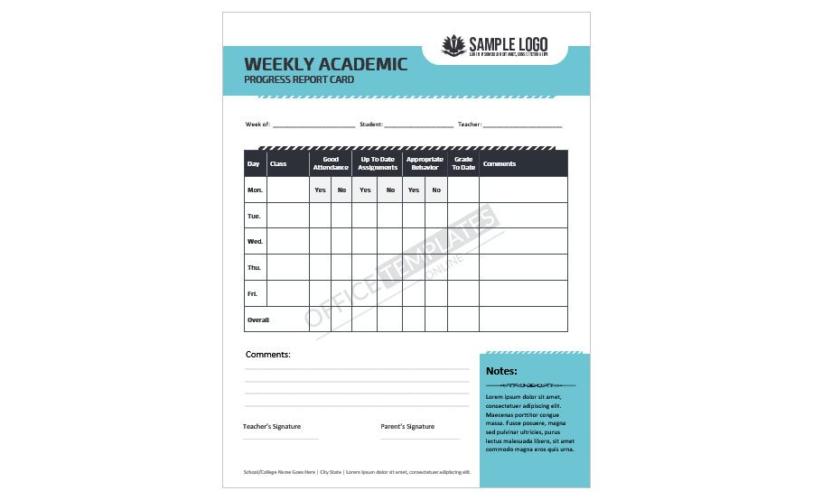 Download Weekly Academic Progress Report Card - MS Word